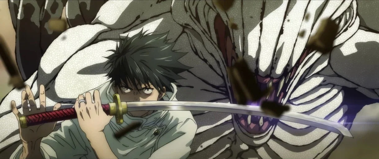 Jujutsu Kaisen (2020) movie still: medium — A youth stands in a debris-filled environment with a massive textured creature behind him. The young man…
