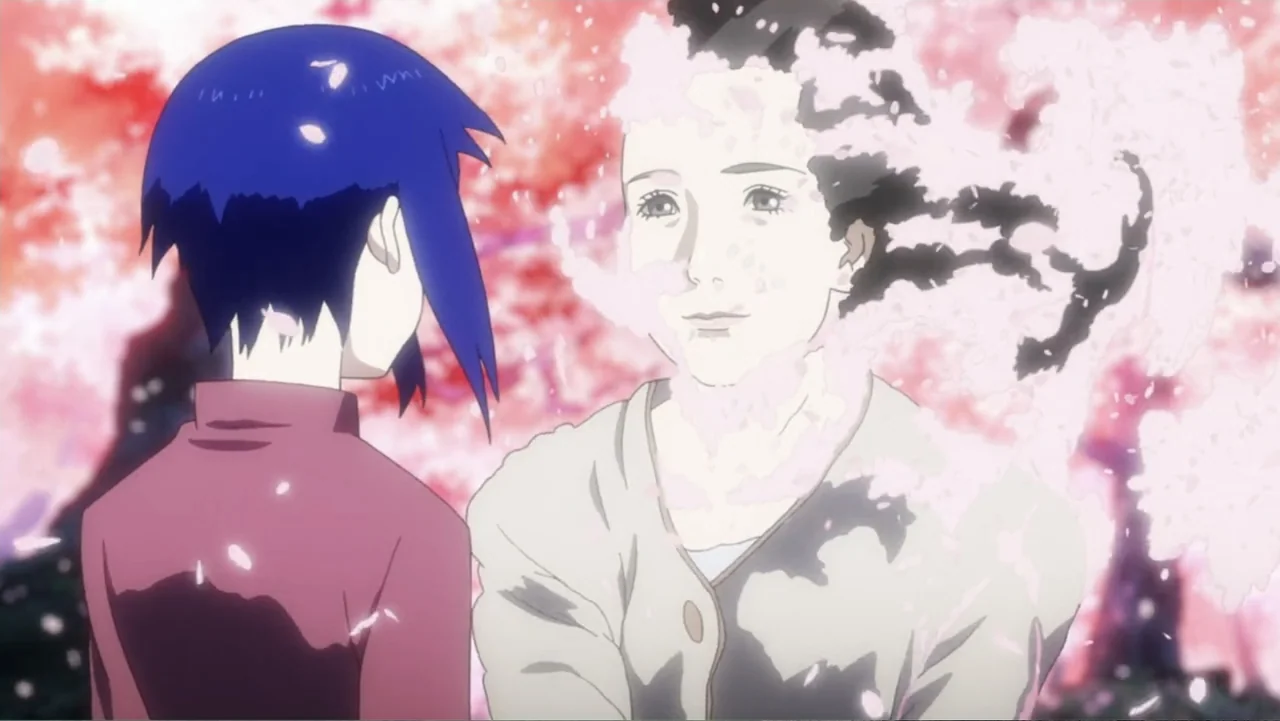 Ghost in the Shell: Arise - Border 1: Ghost Pain (2013) movie still: medium — An outdoor space filled with falling pink cherry blossom petals in the…
