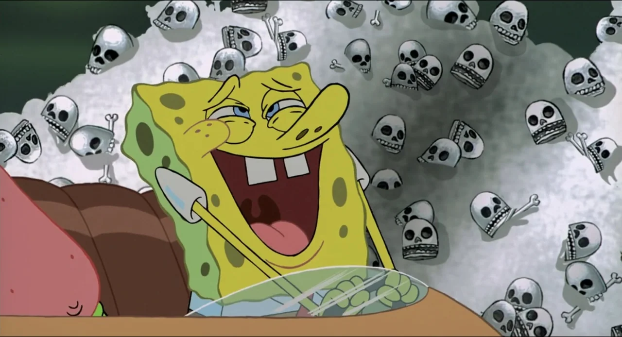 The SpongeBob SquarePants Movie (2004) movie still: medium — A field filled with cartoon human skulls under a dull overcast sky. A yellow porous…