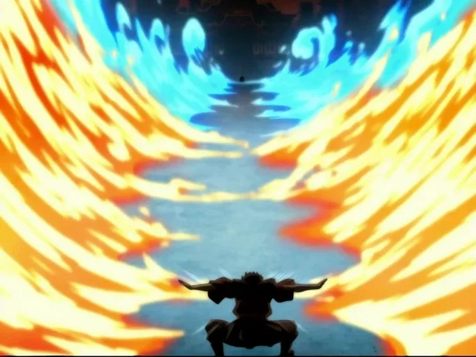 Avatar: The Last Airbender (2005) movie still: wide — An open dark space is illuminated by two swirling paths of fire and energy. A lone male figure…
