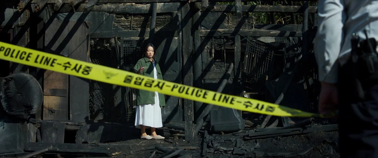 The Wailing (2016) movie still: medium — A charred wooden structure stands as the remains of a fire-damaged home. A young woman stands inside the…