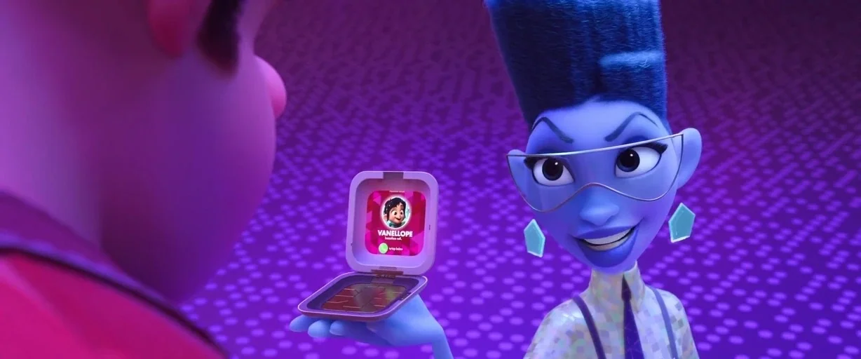 Ralph Breaks the Internet (2018) movie still: medium — A digital environment with a glowing purple background filled with a pattern of dots. A blue…