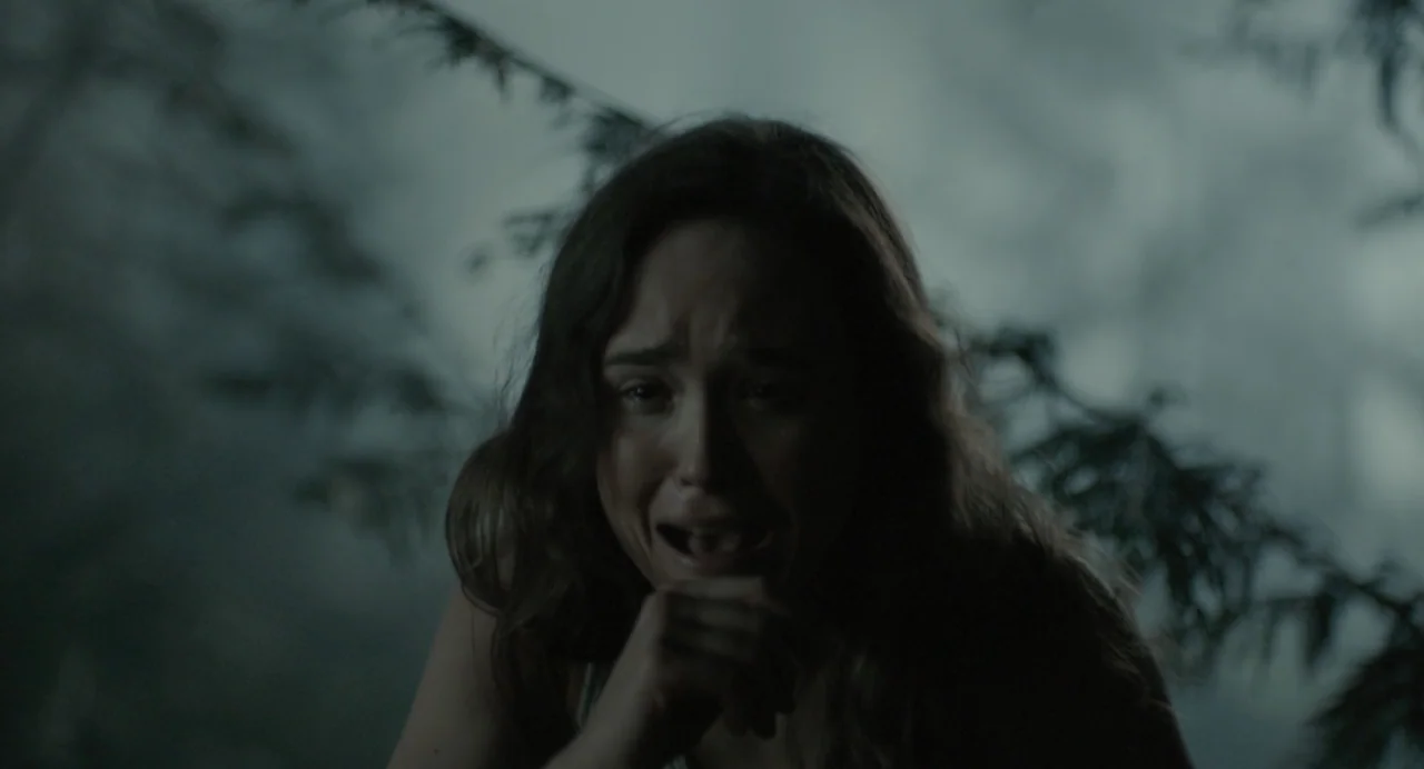 En lo profundo del bosque movie still: closeup — A dark outdoor space with out-of-focus tree branches in the immediate foreground. A young woman…