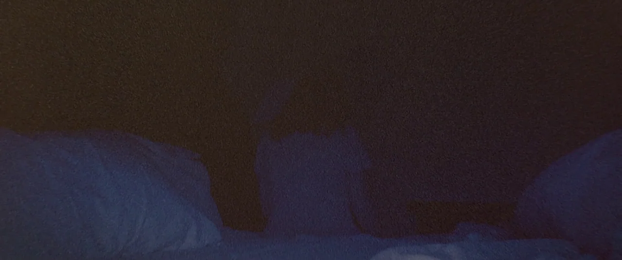 Skinamarink (2022) movie still: wide — A dark, dimly lit bedroom features rumpled fabric surfaces in low light. The environment is obscured by deep…