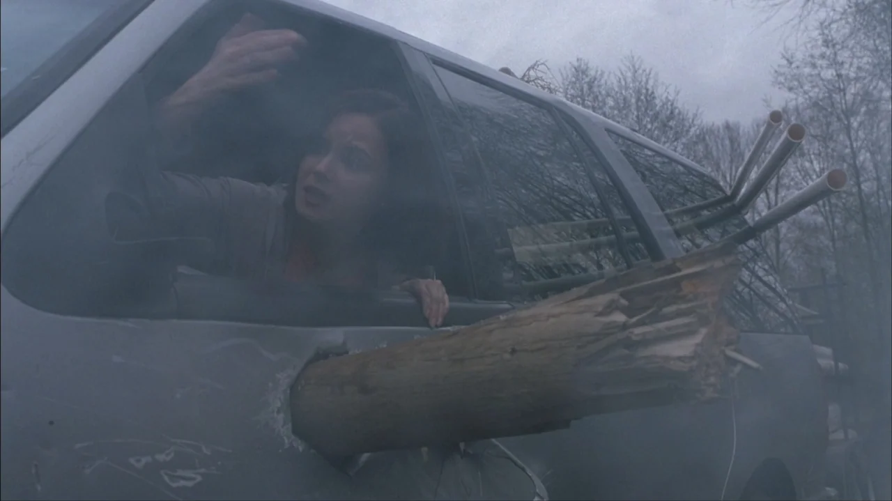 Final Destination 2 (2003) movie still: medium — A silver vehicle is pierced through the metal side panel by a large wooden log. A woman inside the…