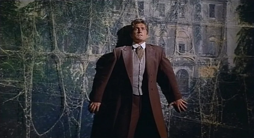 Kill, Baby Kill (1966) movie still: medium — A man stands against a dark wall adorned with dense, layered cobweb patterns. He remains motionless…