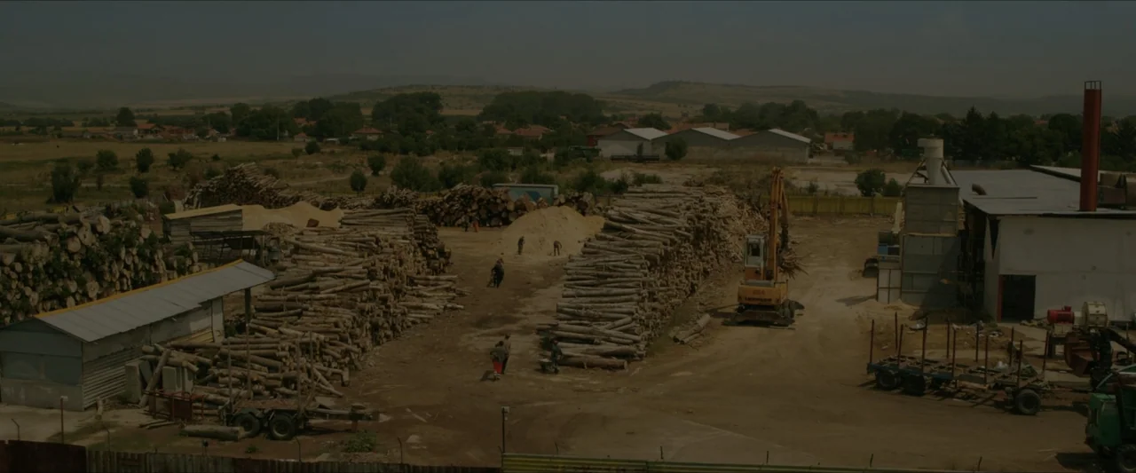 Black Lotus (2023) movie still: wide — An industrial lumberyard features massive stacks of logs under a clear sky. Several workers move between the…