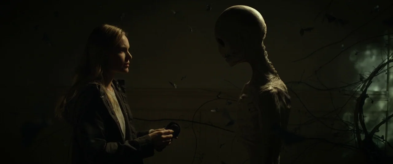 Before I Wake (2016) movie still: medium — A dimly lit room is filled with small flying insects and dark, spindly branches. A young woman stands…