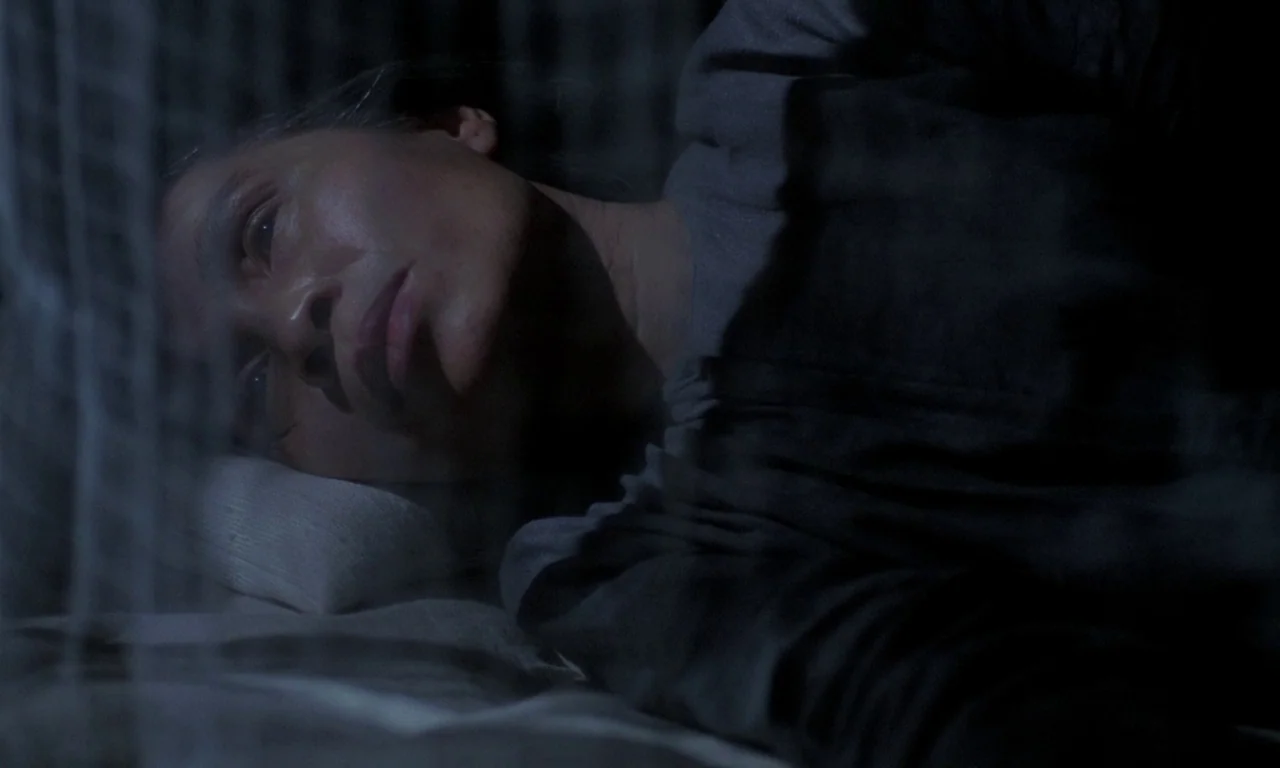 The Scent of Green Papaya (1993) movie still: closeup — A dimly lit room with a person resting their head on a white pillow. The subject lies…