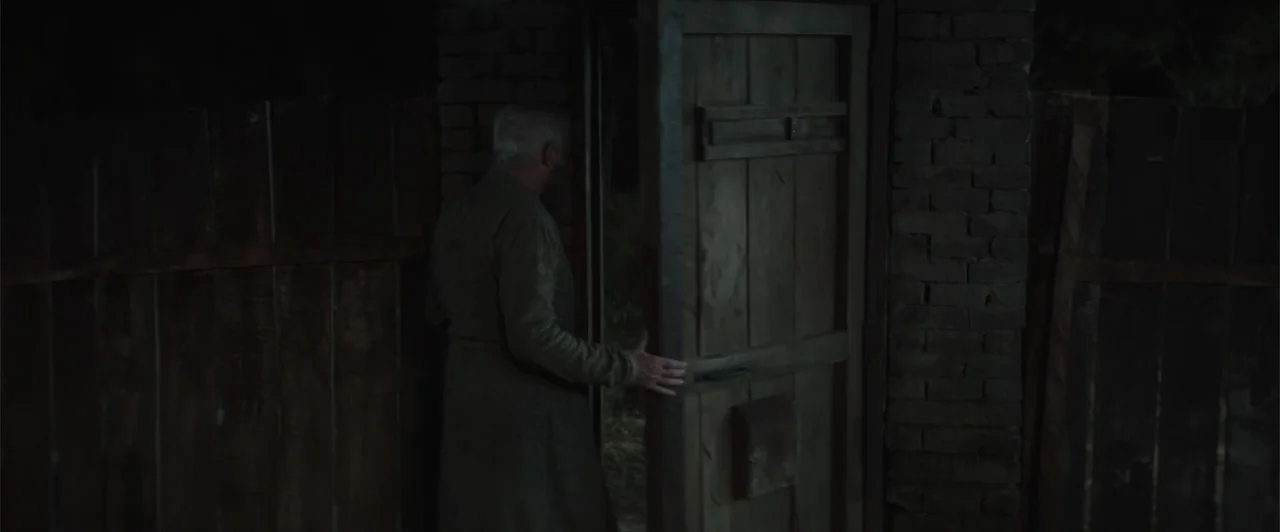 My Neighbor Adolf (2022) movie still: medium — A dark outdoor space with a heavy wooden gate mounted between brick pillars. A man seen from behind…