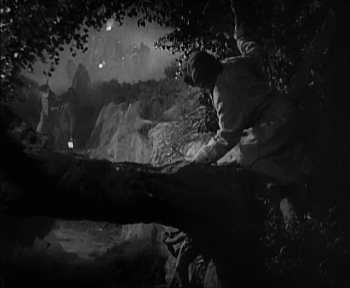 Sunrise (1927) movie still: wide — A dark, rocky environment is illuminated by high-contrast night light. A man crawls across a large horizontal…