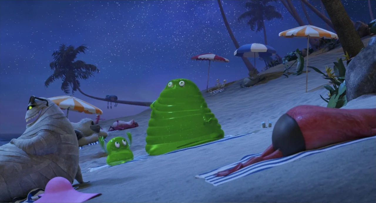 Hotel Transylvania 3: Summer Vacation (2018) movie still: wide — A nighttime beach scene under a starry sky contains several animated figures on…