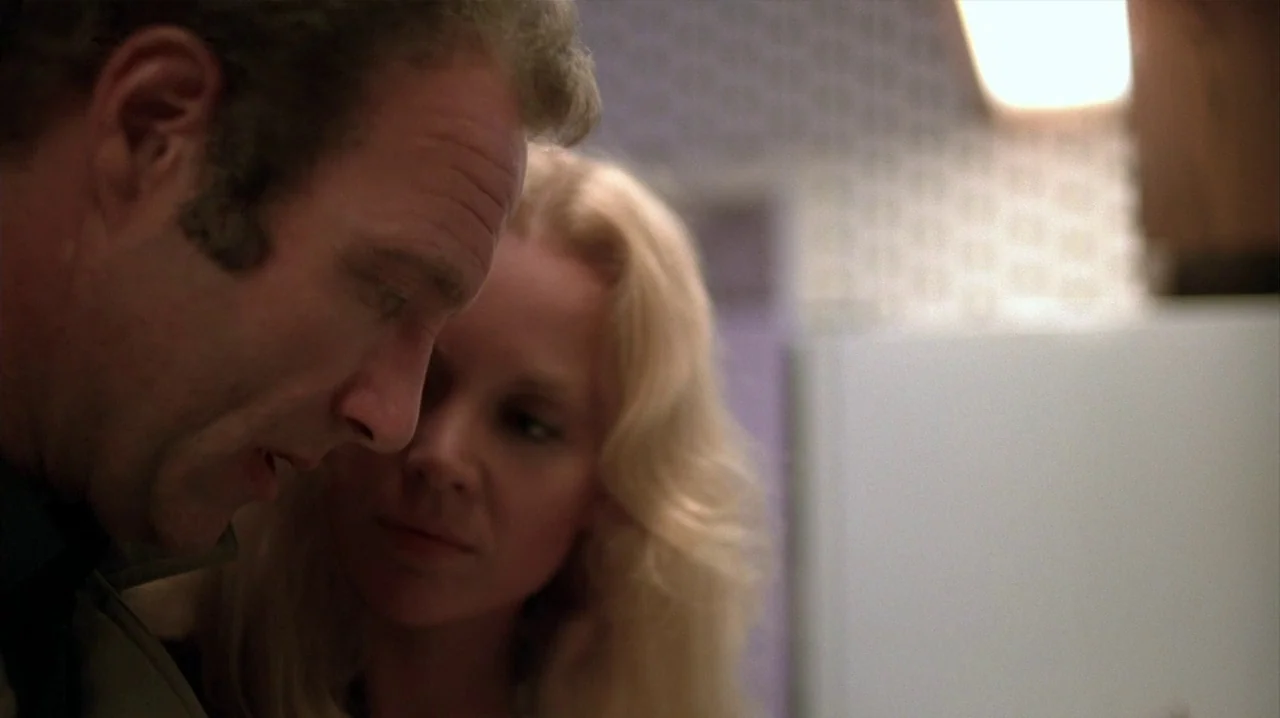 Thief (1981) movie still: closeup — A dimly lit indoor kitchen space with a tiled wall and a refrigerator. A man in his forties and a woman with…