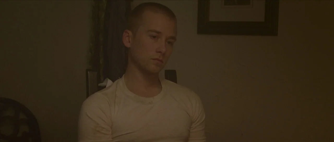 Spring (2014) movie still: medium — A dark indoor setting features a plain wall with a small framed picture hanging. A young man sits in a chair in…