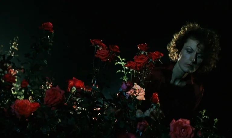 The Rose King (1986) movie still: medium — A woman stands among a dark cluster of red roses at night. She gazes downward while positioned behind the…