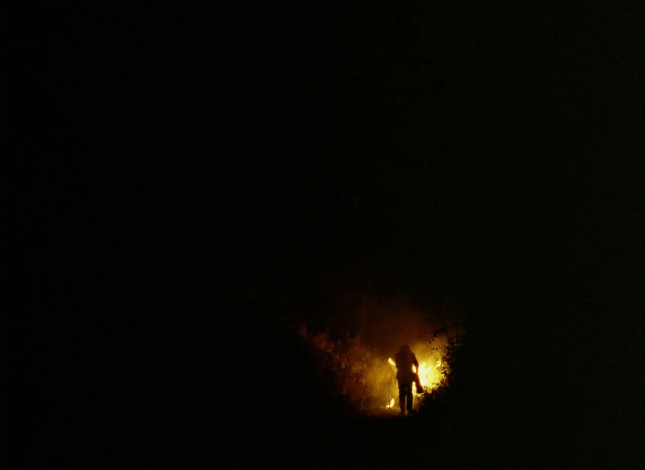 Faust (1994) movie still: wide — A dark outdoor trail is framed by overgrown brush and deep night shadows. A person stands on the path near an…