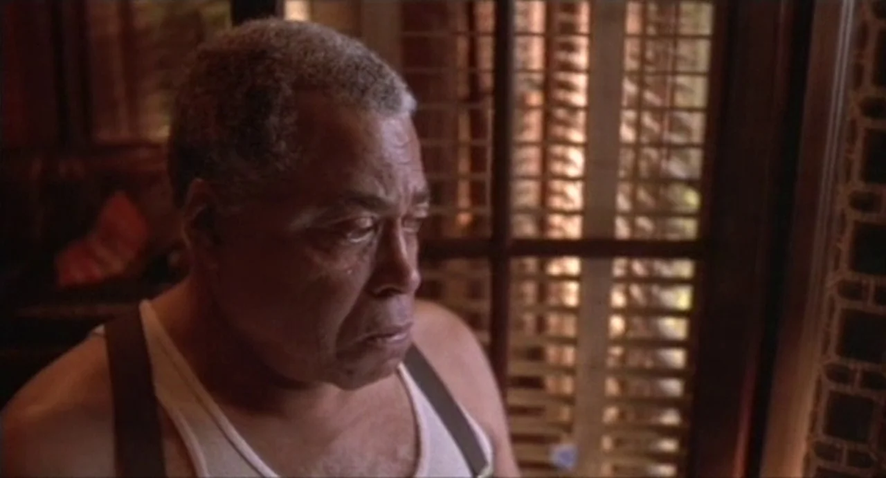 The Annihilation of Fish (1999) movie still: medium — An older man stands near a wooden window with partially closed slats. The scene is illuminated…