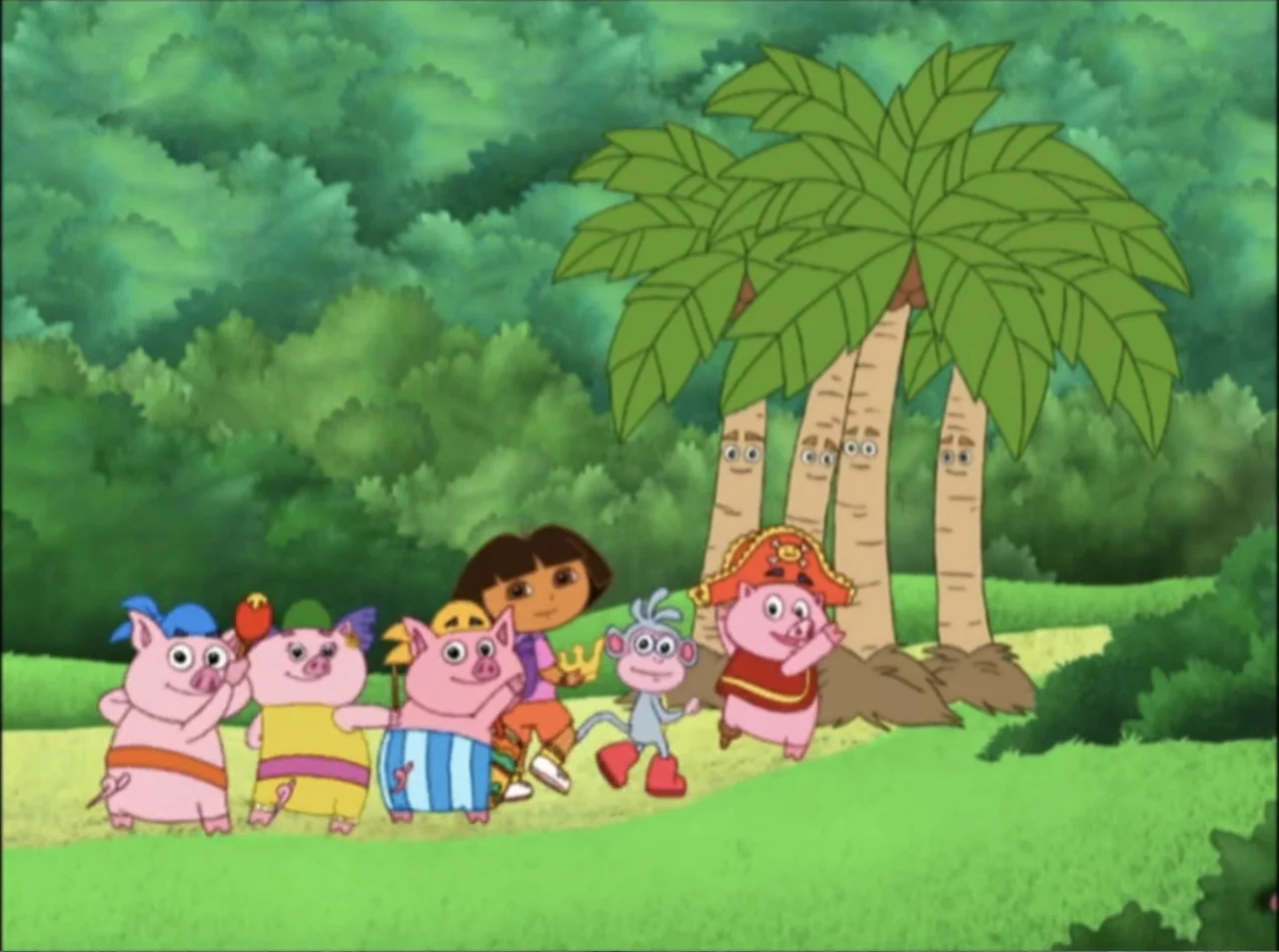 Dora the Explorer: Mermaid Adventures (2025) movie still: fullbody — A vibrant animated tropical forest with green trees and a dirt trail. A girl, a…