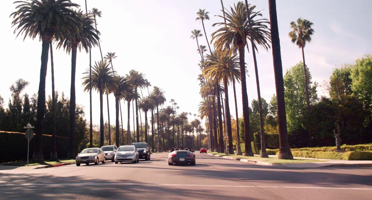 The Bling Ring (2013) movie still: wide — A wide suburban road is flanked by tall, thin palm trees on both sides. Multiple vehicles travel along the…