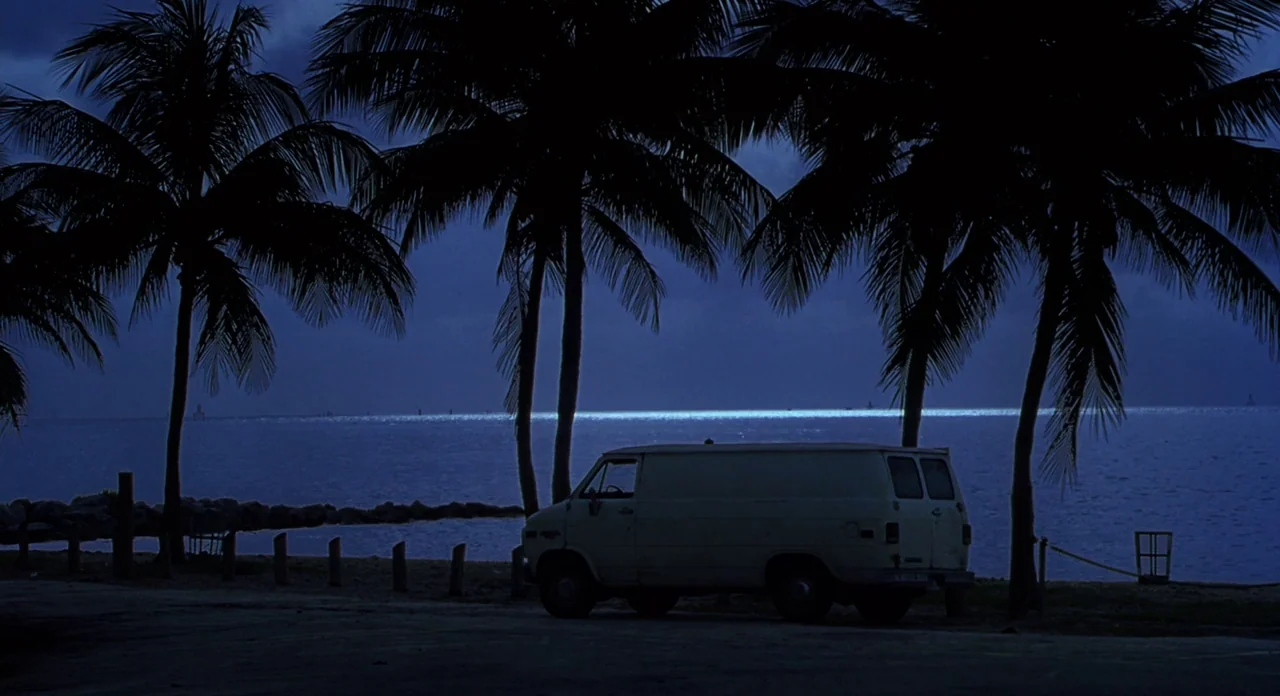 Adaptation (2002) movie still: wide — A light-colored cargo van sits parked on a coastal road during the night. Several tall palm trees frame the…