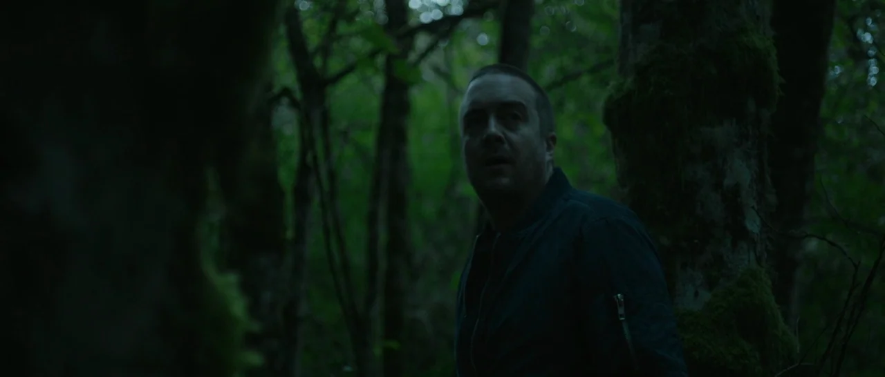Green Room (2015) movie still: medium — A dense forest interior with thick trees and mossy textures at night. A man stands between dark trees…