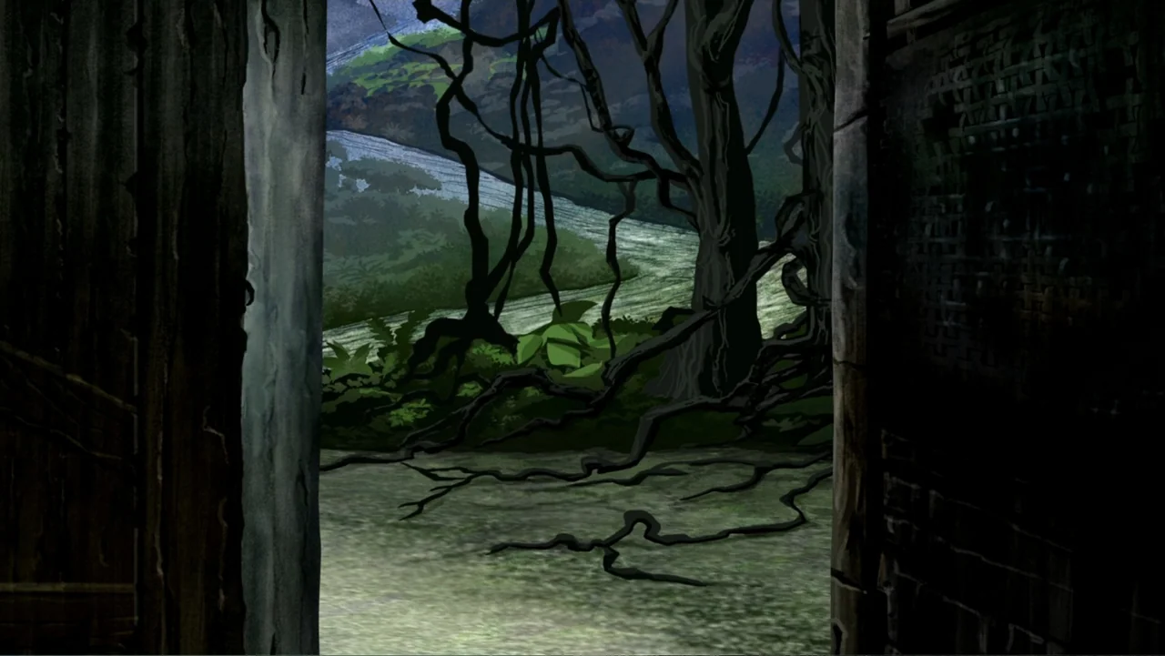 Aloha Scooby-Doo! (2005) movie still: establishing — A dark wooden structure frame reveals a dense forest path lined with trees. Twisted tree roots…