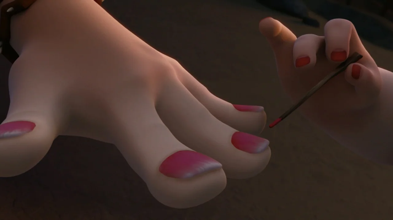 Troll: The Tale of a Tail (2018) movie still: closeup — Close-up view of stylized 3D feet and hands in a darkened interior setting. One hand holds a…