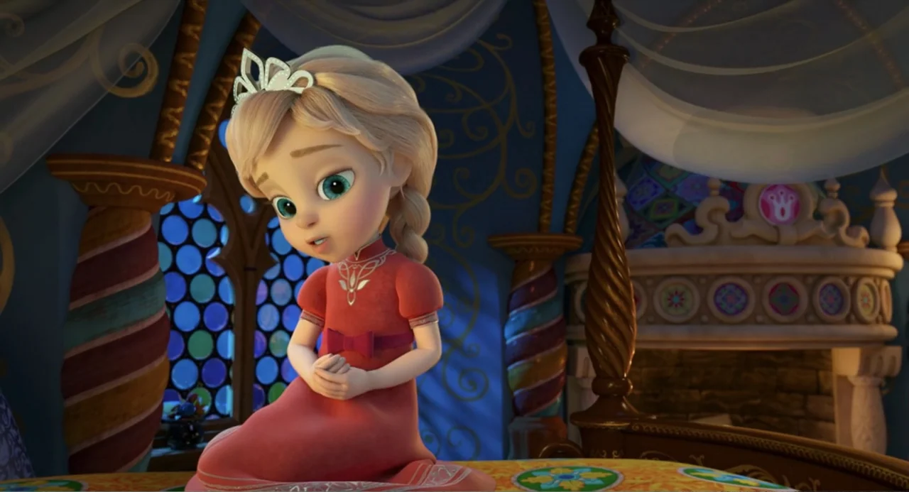 The Princess and the Dragon (2018) movie still: medium — A stylized bedroom features an ornate bed with a canopy and stained glass windows. A young…