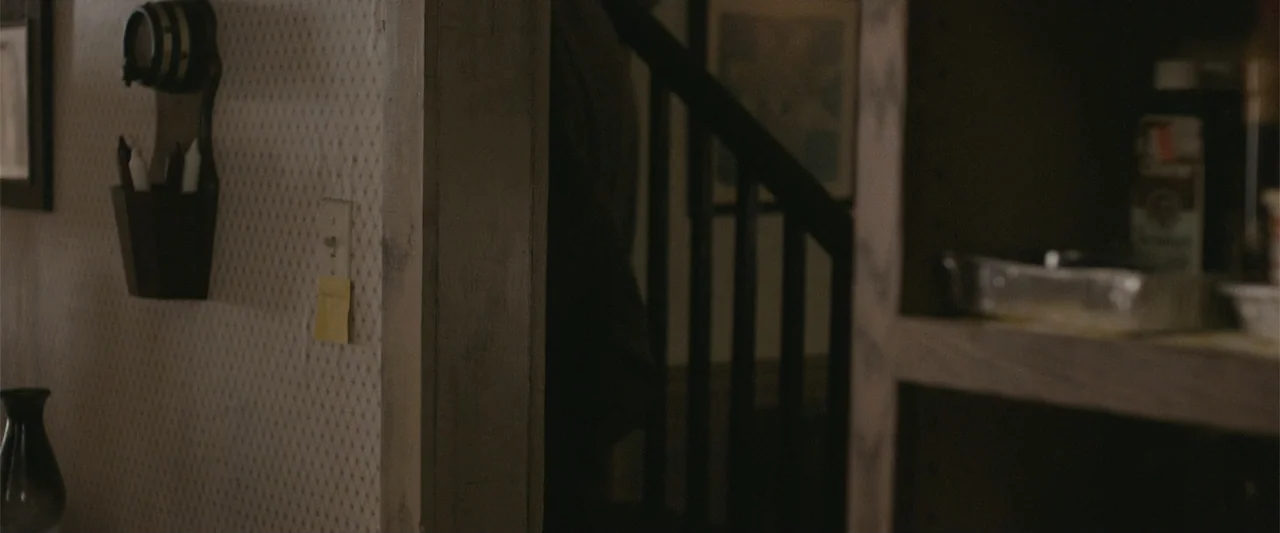Maggie (2015) movie still: medium — An interior home stairwell with patterned wallpaper and a small wall-mounted candle holder. A person stands in…