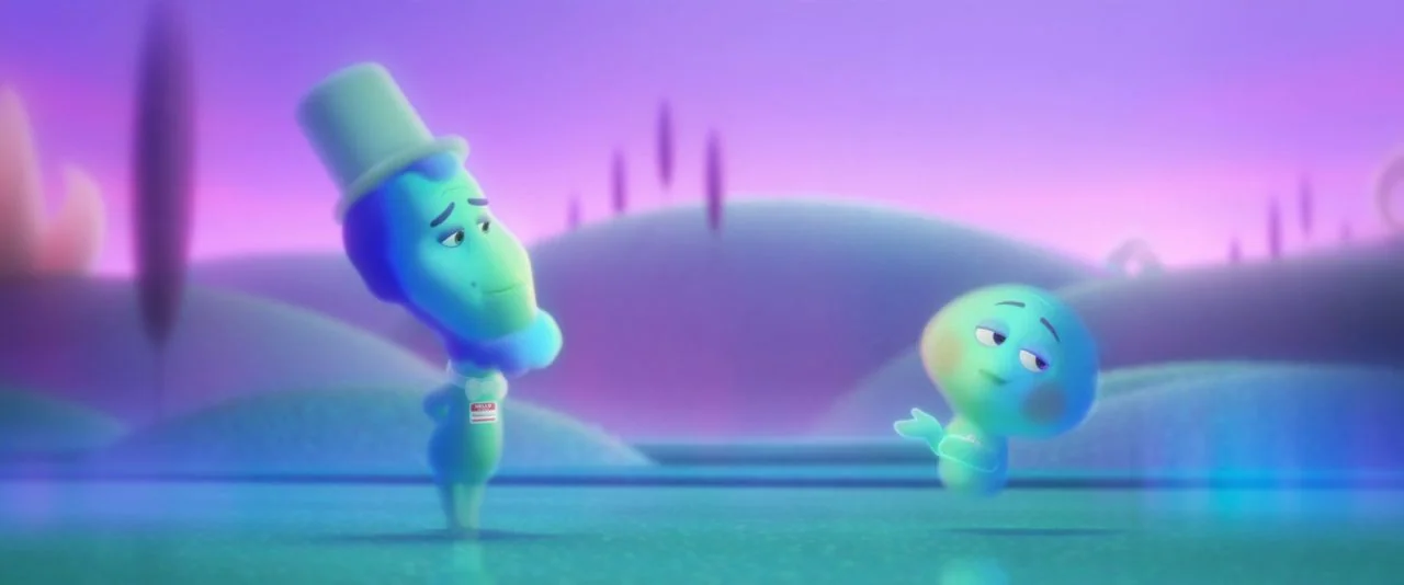 Soul (2020) movie still: wide — A surreal landscape of soft purple rolling hills stretches under a pastel sky. Two glowing ethereal spirits hover…