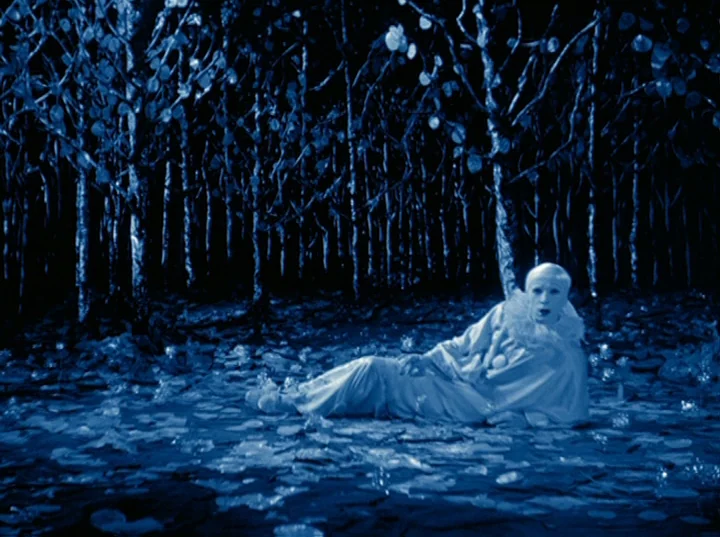 Rabbit’s Moon (1950) movie still: medium — A stylized forest environment with dark, metallic-looking trees and reflective ground debris. A man…