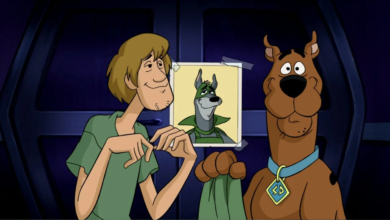 Scooby-Doo! Mask of the Blue Falcon (2012) movie still: medium — A dark purple door serves as the backdrop for two animated characters. Shaggy and…