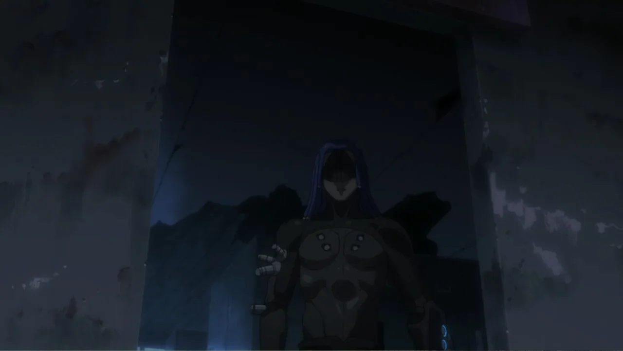 Ghost in the Shell: Arise - Border 1: Ghost Pain (2013) movie still: medium — A dark interior doorway provides a frame for a character standing in…