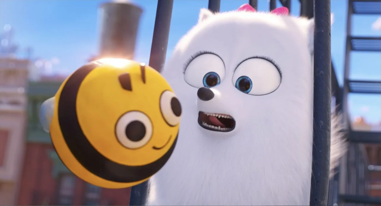 The Secret Life of Pets 2 (2019) movie still: medium — A metal fire escape ladder is positioned against an urban building background. A white fluffy…