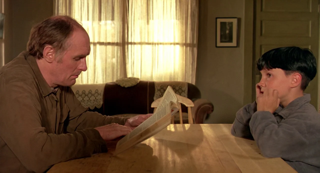 The Reflecting Skin (1990) movie still: medium — A domestic space features a plain wooden table and a window with sheer curtains. An elderly man…