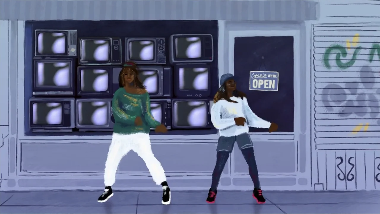 Mary J. Blige's My Life (2021) movie still: fullbody — An urban storefront window displays a collection of stacked retro television sets. Two young…