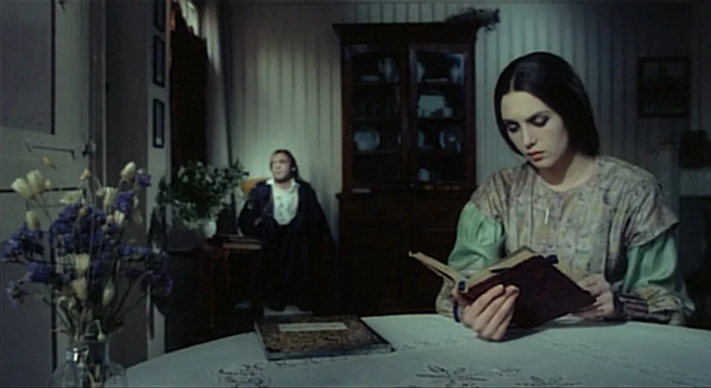 Nosferatu the Vampyre (Nosferatu Phantom Der Nacht) (1979) movie still: medium — A quiet dining room with wallpapered walls and dark wooden…