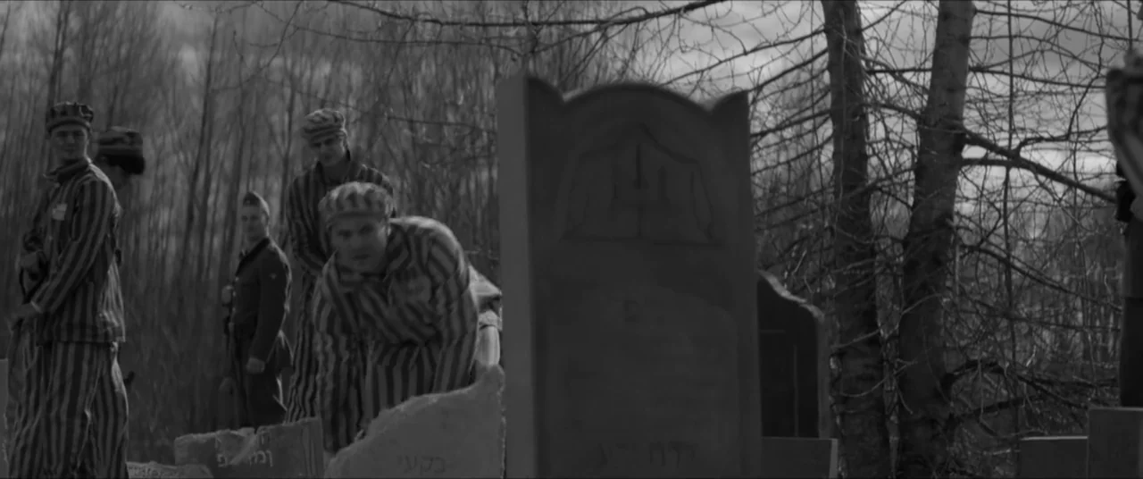 Bau, Artist at War (2025) movie still: medium — A desolate cemetery with rows of upright weathered stone monuments among bare winter trees. Several…