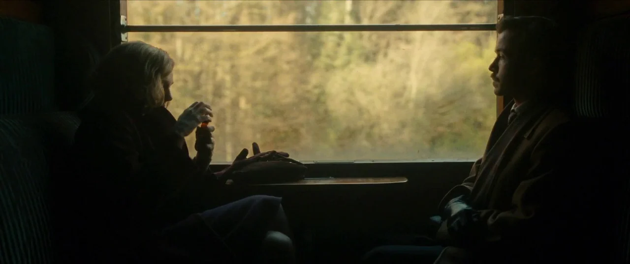 Earwig (2022) movie still: medium — A dark, wood-paneled train compartment features a window looking out onto blurred green trees. A woman in gloves…