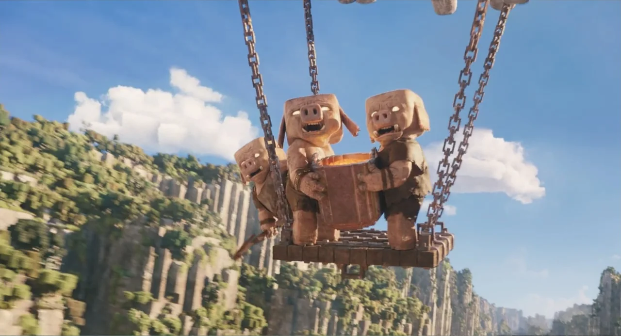 A Minecraft Movie (2025) movie still: medium — Three blocky pig creatures stand on a wooden platform suspended by heavy chains. They hold a glowing…