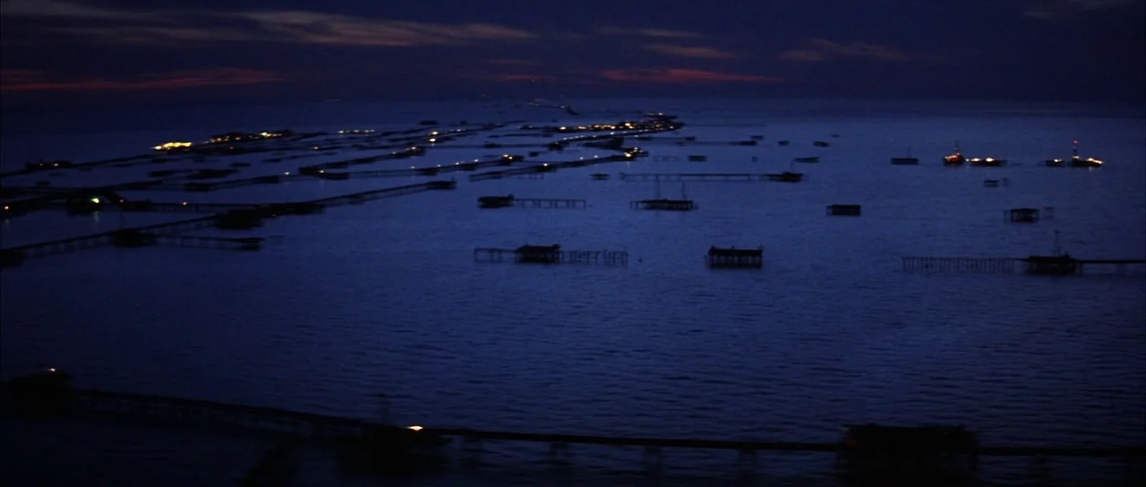 The World is Not Enough (1999) movie still: establishing — A vast expanse of dark water contains multiple distant structures on wooden stilts. Warm…
