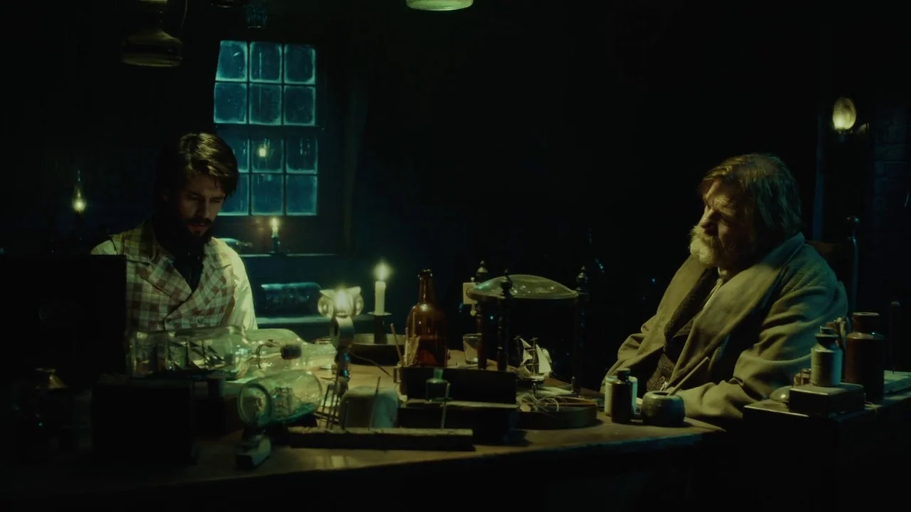 In The Heart of the Sea (2014) movie still: medium — A dimly lit room filled with glass bottles containing model ships on a wooden desk. An elderly…