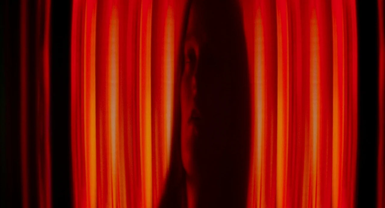 My Animal (2023) movie still: closeup — A person stands before thick fabric curtains with vertical folds. The scene is bathed in deep red light,…
