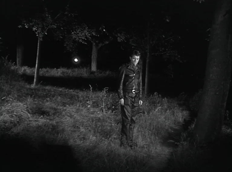 Head Against The Wall (1959) movie still: fullbody — A dark, wooded area at night with trees and overgrown grass in the distance. A lone man in a…