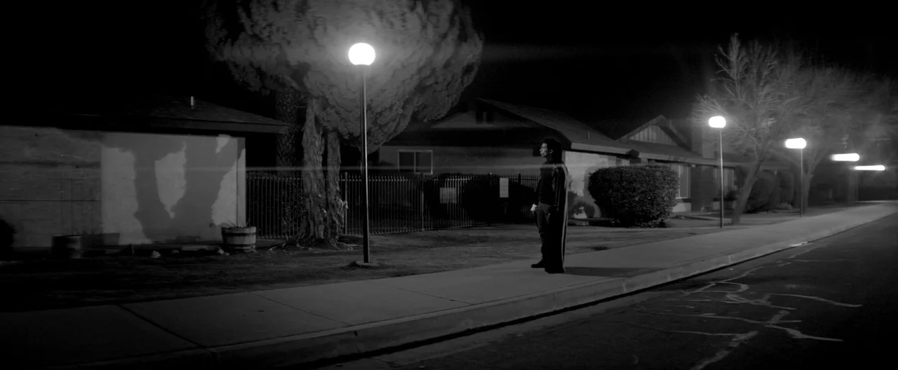 A Girl Walks Home Alone at Night (2014) movie still: wide — A suburban street lined with single-story houses and bare trees under night lighting. A…