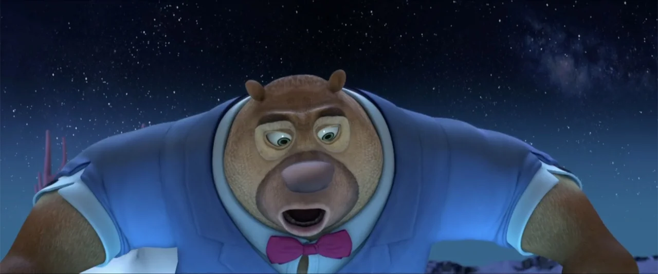Boonie Bears: A Mystical Winter (2015) movie still: closeup — An anthropomorphic bear figure stands against a dark, starry night sky. The bear wears…