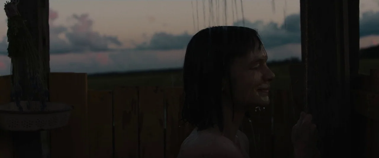 Mudbound (2017) movie still: medium — A woman stands in a simple outdoor shower constructed from wooden vertical planks at dusk. She is washing her…