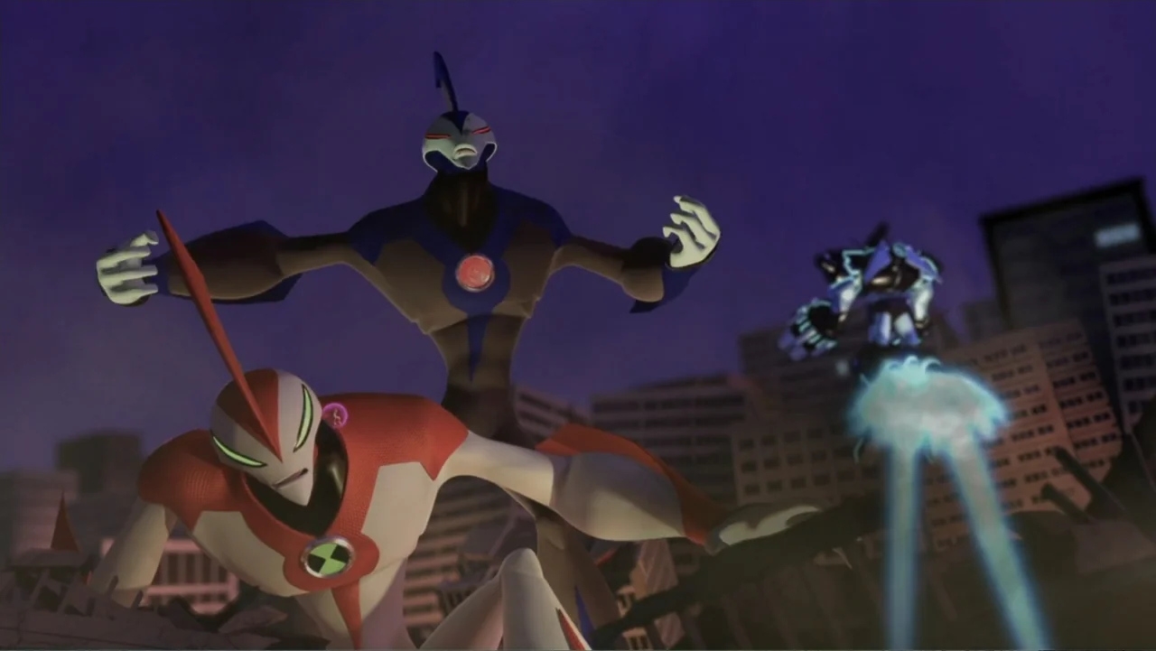 Ben 10: Destroy All Aliens (2012) movie still: medium — Three alien figures stand amidst the rubble of a modern urban environment at night. The…