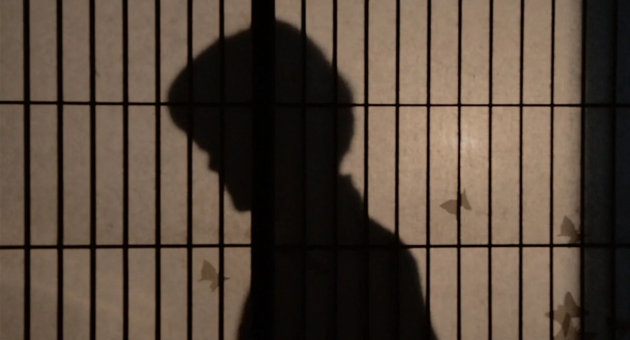 Hanagatami movie still: closeup — A translucent paper sliding door with thin wooden latticework and small butterfly decals. A silhouette of a person…