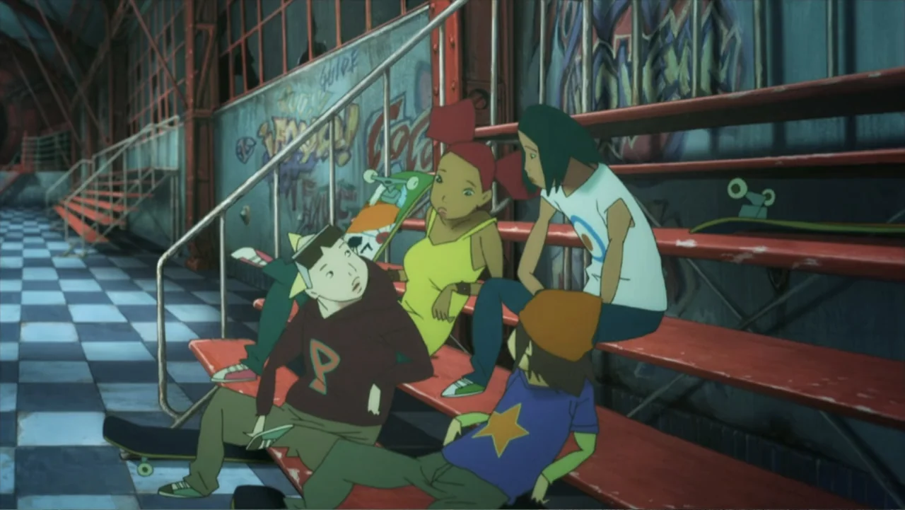 Batman: Gotham Knight (2008) movie still: medium — A group of teenagers sits on red bleachers inside an industrial indoor space. They are resting…